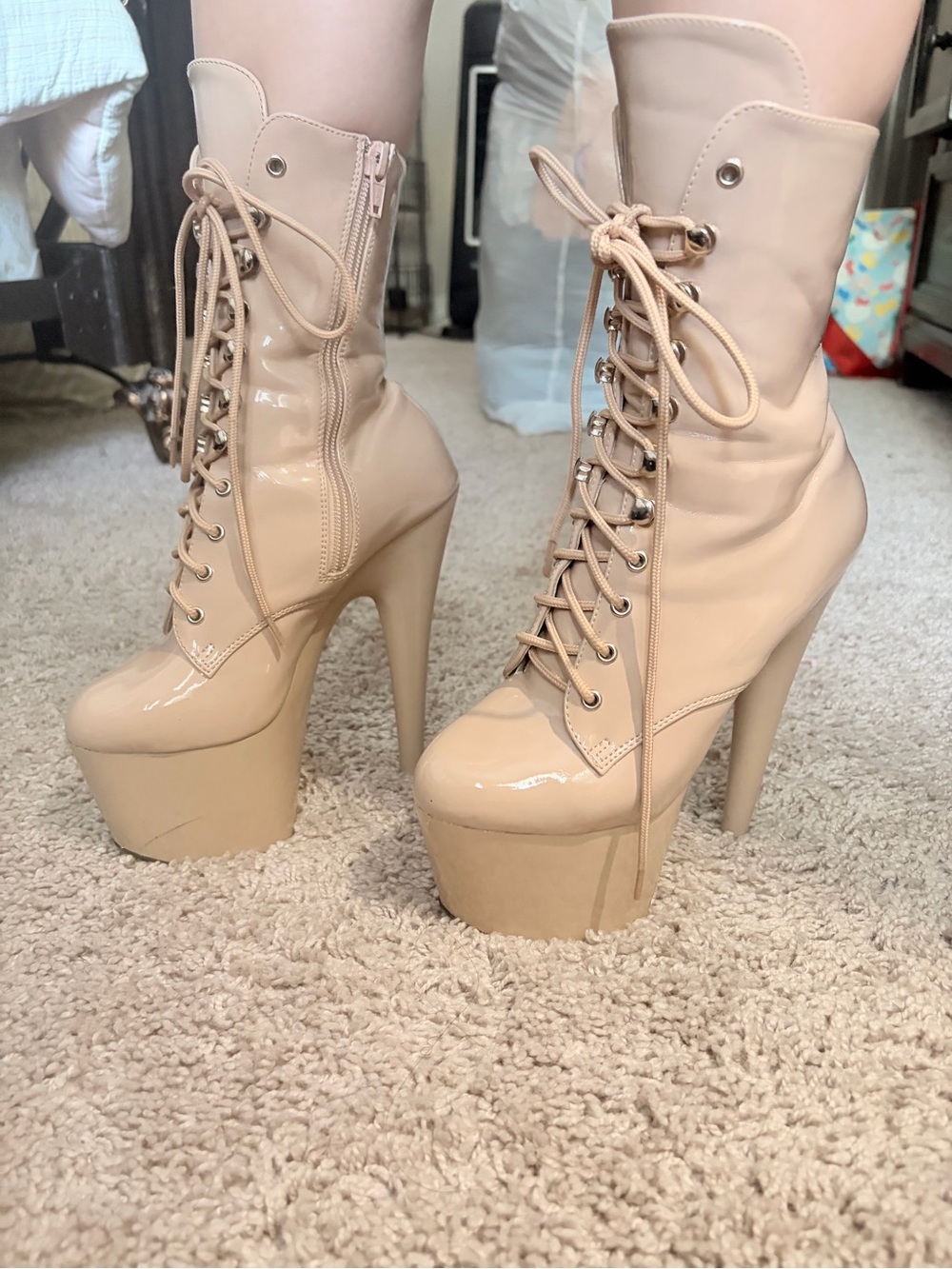 Pleaser Nude Patent Lace-Up Platform Boots
